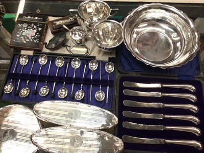 Lot 1158 - Silver backed dressing table items, bowl stamped 'silver' to base, silver handled butter knives, silver plated items