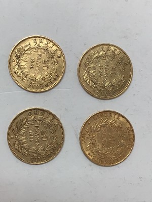 Lot 436 - France - Mixed gold 20 Franc coins to include 1866BB VF, 1868BB VF, 1869BB GVF-AEF & 1890A  A.UNC (4 coins)