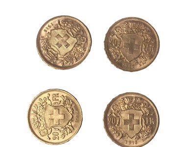 Lot 440 - Switz - Gold 20 Franc coins 1913B x 4 UNC (4 coins)
