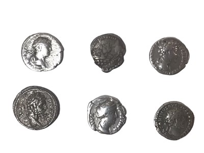 Lot 448 - Roman - Mixed silver Denarius to include examples from The Reign of Trajan, Antoninus Pius, Faustina Senior, Marcus Aurelius & Septimus Severus x 2 (N.B. Mixed grades VG-VF) (6 coins)