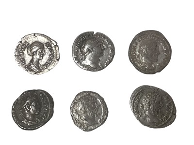 Lot 449 - Roman - Mixed silver Denarius to include examples from The Reigns of Crispina, Septimus Severus x 2, Trajan, Maximinvs I and one other (N.B. Mixed grades GF-VF) (6 coins)