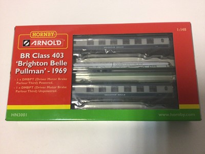 Lot 261 - Hornby Arnold N gauge BR Class 403 'Brighton Belle' Pullman 1969 in blue and grey livery with DMBPT (Powered) & DMBPT (Non Powered) HN3001 plus 3 Car Set with Two TPFK & TPT HN3501 (2 Packs)