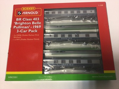 Lot 261 - Hornby Arnold N gauge BR Class 403 'Brighton Belle' Pullman 1969 in blue and grey livery with DMBPT (Powered) & DMBPT (Non Powered) HN3001 plus 3 Car Set with Two TPFK & TPT HN3501 (2 Packs)