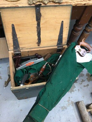 Lot 42 - Pine box of old tools, including saws, planes, etc