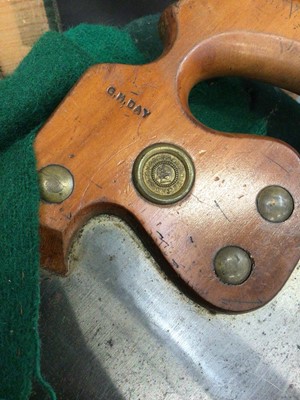 Lot 42 - Pine box of old tools, including saws, planes, etc