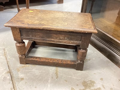 Lot 1207 - Old oak joint stool on turned and block legs joined by stretchers, 50.5cm wide, 26.5cm deep, 32.5cm high