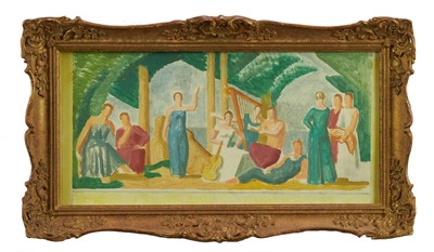 Lot 1158 - Manner of Duncan Grant (1885-1978), gouache on paper, study for a mural, signed with initials, 21cm x 41cm, in glazed gilt frame