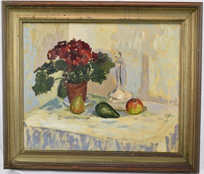 Lot 1221 - Elinor Carleton-Smith (b.1941) oil on canvas - Still life of pot plant and fruit, signed, 45.5cm x 56cm, in painted frame