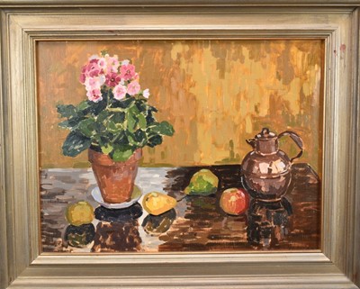 Lot 1222 - Elinor Carleton-Smith (b.1941) oil on canvas - Still life of pot plant and fruit, signed, 45.5cm x 61cm, in painted frame