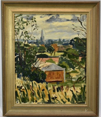 Lot 1223 - Elinor Carleton-Smith (b.1941) oil on canvas - Hay barn in a landscape with church spire beyond, signed, 51cm x 41cm, in painted frame