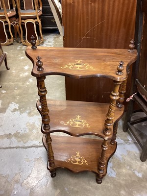 Lot 1220 - Late Victorian inlaid walnut four tier whatnot, together with an Edwardian walnut two tier ocacassional table with octagonal top and a small mahogany drop leaf table (3)