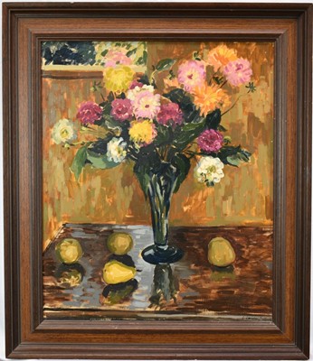 Lot 1224 - Elinor Carleton-Smith (b.1941) oil on canvas - Still life of flowers in a vase and fruit, signed, 61cm x 51cm, in painted frame