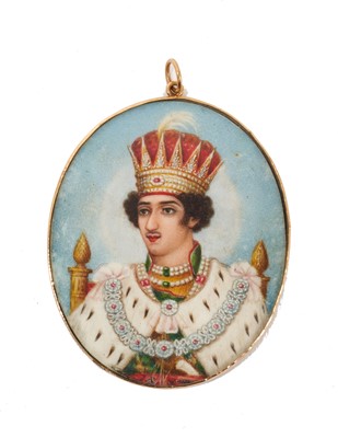 Lot 887 - 19th century oval portrait miniature on ivory of a Mogul King, in yellow metal frame