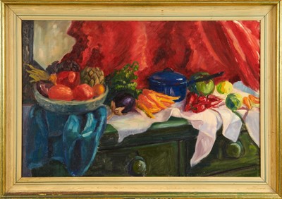 Lot 1225 - E. Seely (Carleton-Smith, b.1941) oil on canvas - Still life with vegetables and blue pot, signed, 51cm x 76cm