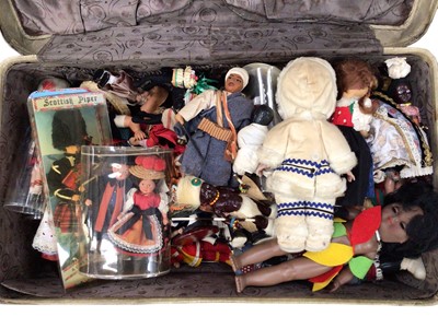 Lot 1835 - Two vintage cases of costume dolls, many celluloid and hard plastic.