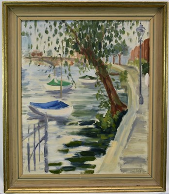 Lot 1226 - E. Seely (Carleton-Smith, b.1941) oil on canvas - Riverside with moored boats, signed, 61cm x 51cm, in painted frame