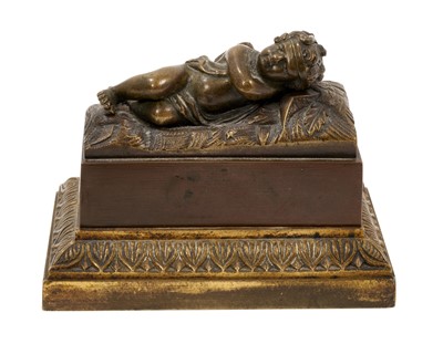 Lot 884 - 19th century bronze inkwell with putto ornament