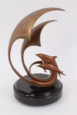 Lot 970 - Scott Hanson (contemporary American) bronze - Dolphins and waves, signed, inscribed by the artist to underside of base and numbered 1/45A/P, on revolving marble plinth