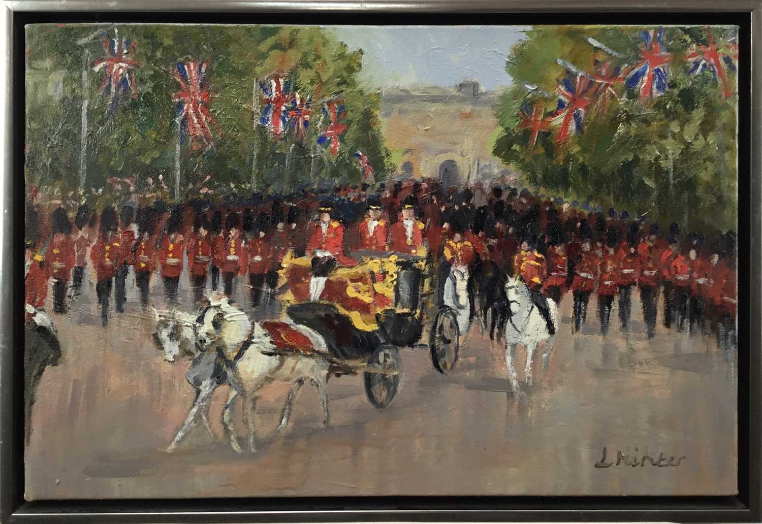 Lot 83 - Lynda Minter (Contemporary) oil on canvas - The Royal Coach and Guards on the Mall, signed, dated 2016 verso, 41cm x 61cm, framed
