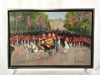 Lot 83 - Lynda Minter (Contemporary) oil on canvas - The Royal Coach and Guards on the Mall, signed, dated 2016 verso, 41cm x 61cm, framed