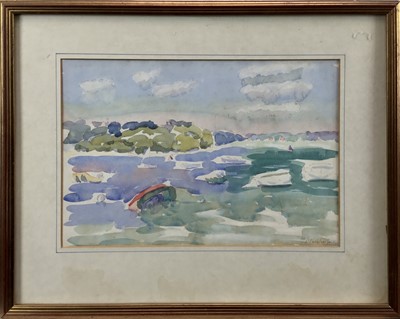 Lot 187 - Elinor Carleton-Smith ( b.1941) watercolour study - Estuary, signed, 24cm x 35cm, together with another watercolour of a pair of Wood Ducks, 35cm x 45cm, both in glazed frames (2)
