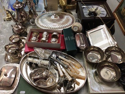 Lot 408 - Group of silver plated ware, brass candelabrum, electric oil lamp, wall clock and other items