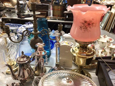 Lot 408 - Group of silver plated ware, brass candelabrum, electric oil lamp, wall clock and other items
