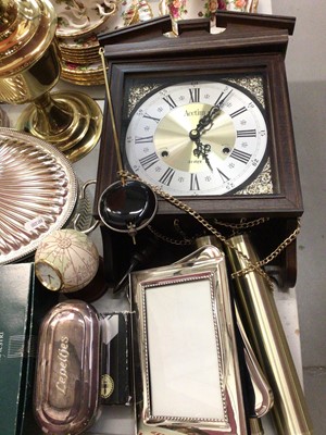 Lot 408 - Group of silver plated ware, brass candelabrum, electric oil lamp, wall clock and other items