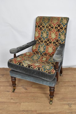 Lot 1402 - Early 19th century rosewood grained open armchair, with embroidery back and seat raised on turned front and shaped back legs and castors