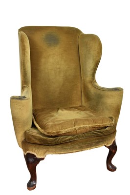 Lot 1404 - 18th century wing back armchair, leaf green velvet upholstered on walnut cabriole legs and pad feet