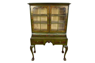 Lot 1410 - Regency style green chinoiserie lacquered display cabinet