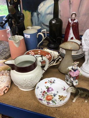 Lot 63 - Antique china, glass and sundries, including a Davenport hunting jug, Meissen, Berlin figure, carved and painted religious figure, carved tribal figure, etc