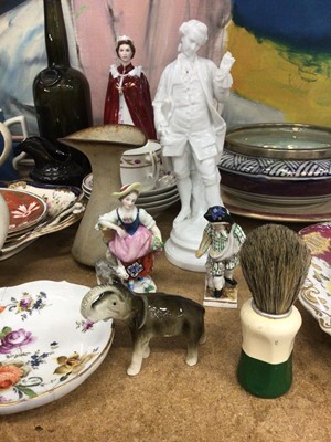 Lot 63 - Antique china, glass and sundries, including a Davenport hunting jug, Meissen, Berlin figure, carved and painted religious figure, carved tribal figure, etc