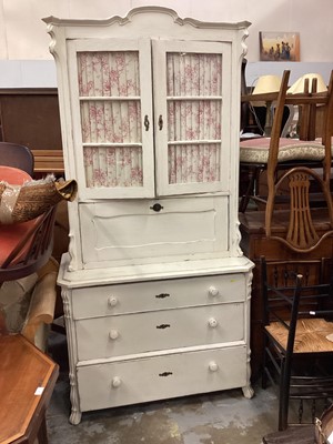 Lot 1273 - Victorian painted pine two height unit with two glazed doors and fall front above, and three long drawers below, 110cm wide, 56cm deep, 220cm high