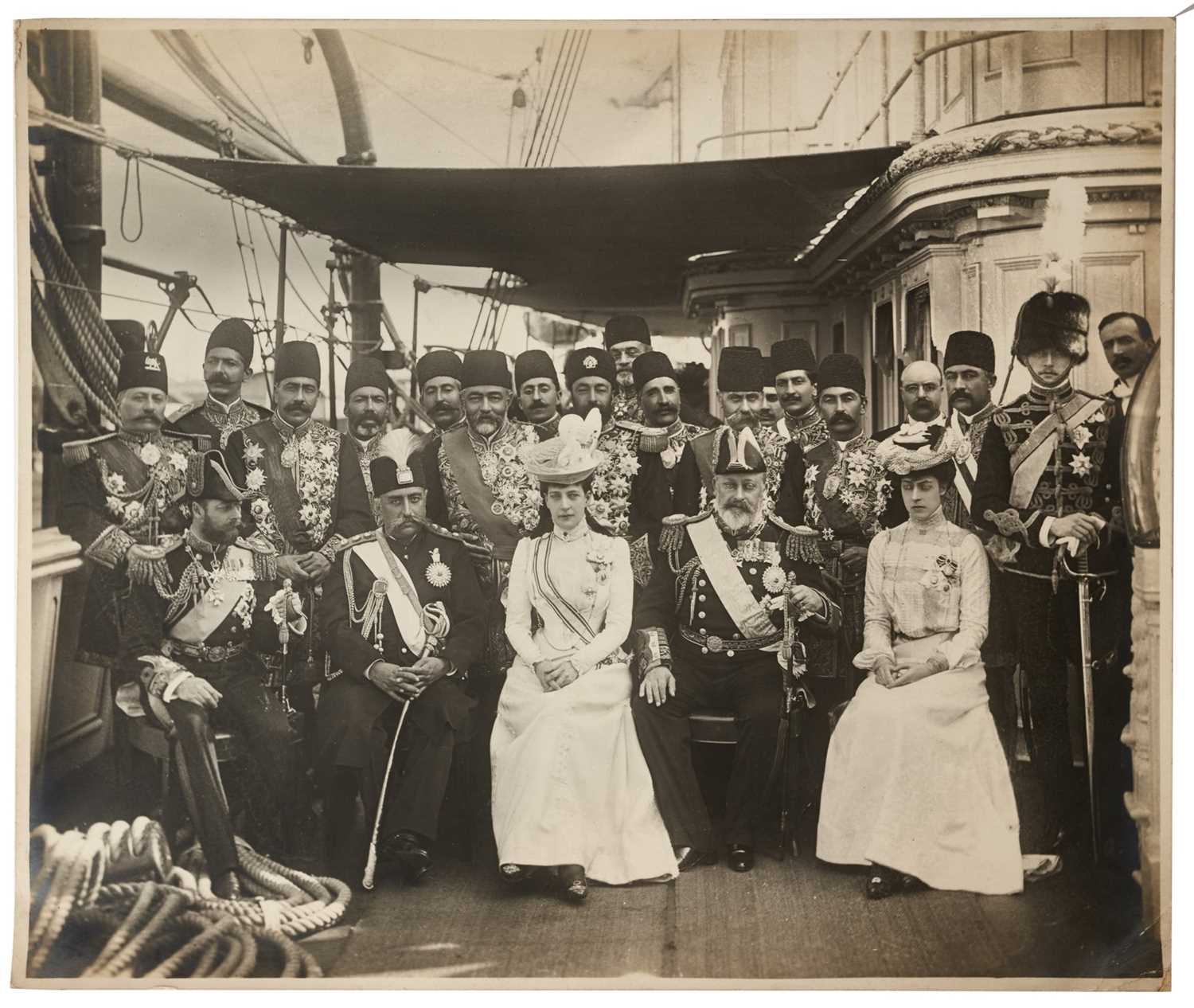 Lot 33 - H.M.King Edward VII and family, fine portrait photograph of The King and family entertaining The Shah of Persia and his entourage on board The Royal Yacht Victoria & Albert, Portsmouth 18th August...