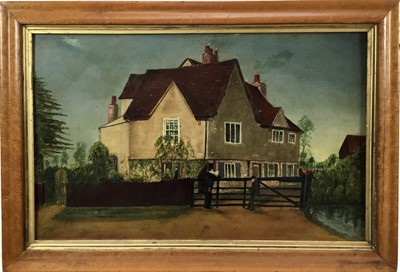 Lot 184 - 19th century naive oil on panel of a country house with two figures, in a maple frame