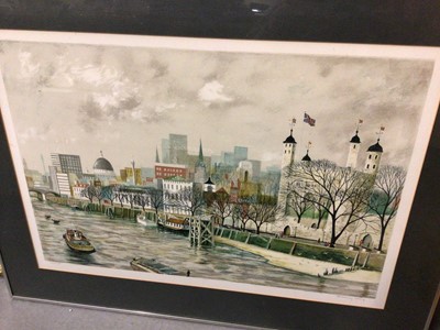 Lot 100 - Group of pictures, including a watercolour by Phyllis del Vecchio, a signed print of the Tower of London by Jeremy King, watercolours, oils, maps, French dog print, etc