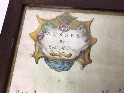 Lot 101 - Early 18th century hand coloured map of Sussex by Robert Morden, framed, 40cm x 33cm