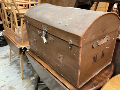 Lot 1286 - Vintage dome top trunk with interior tray and leather side handles, 90cm wide, 55cm deep, 60cm high