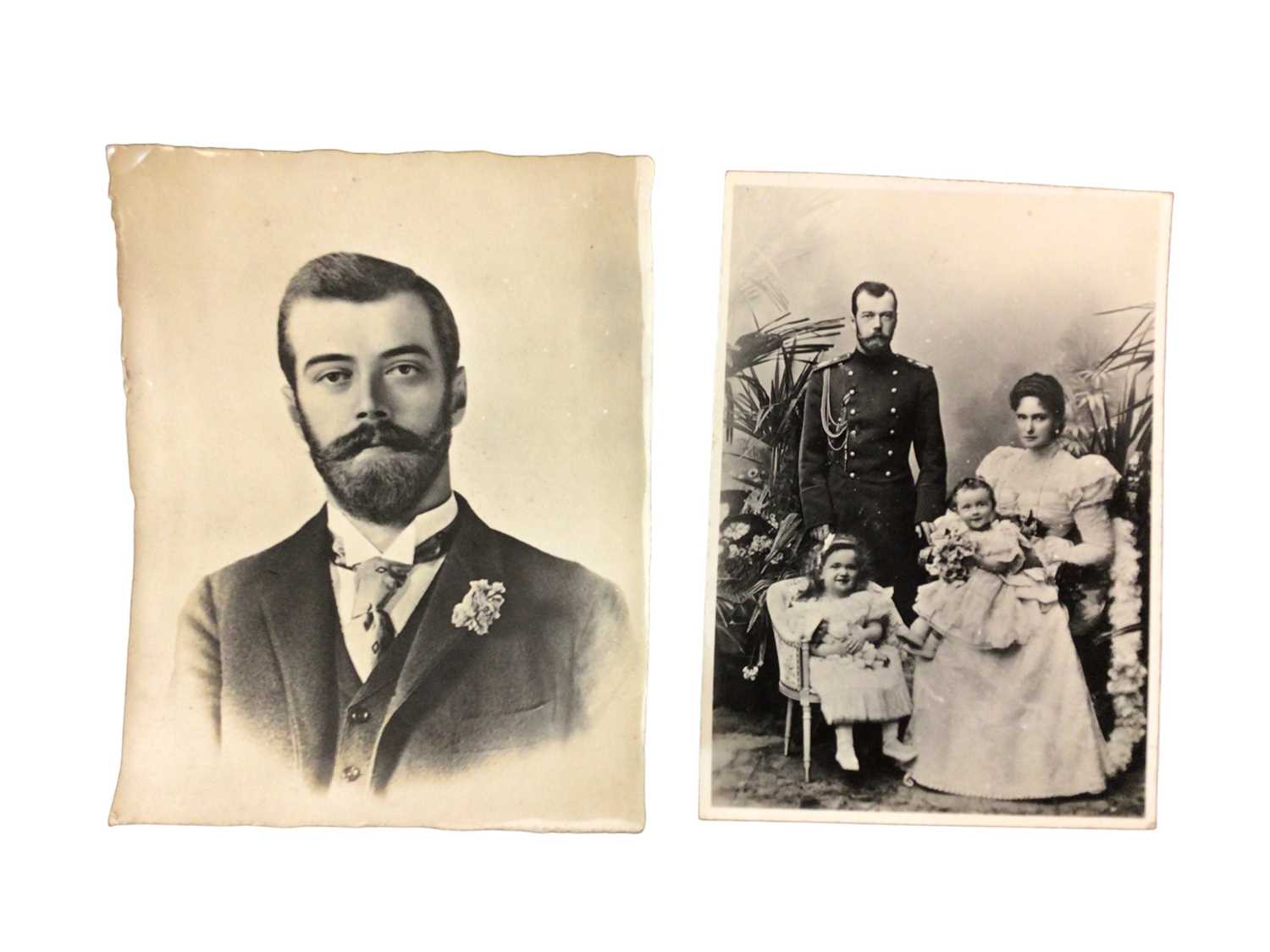 Lot 45 - T.I.M. Tsar Nicholas II and the Tsarina, fine portrait photograph of the Imperial couple with two of their daughters 14 x 10 cm and another portrait of Nicholas when Tsarevitch taken in Summer 1894...