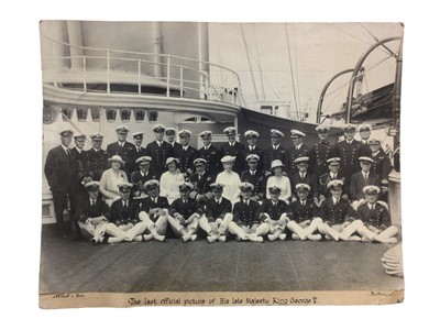 Lot 51 - T.M.King George V and Queen Mary and T.R.H. The Duke and Duchess of York, fine portrait photograph taken with the crew of The Royal Yacht Victoria and Albert, believed to be the last official photo...