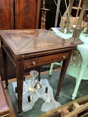 Lot 1302 - Victorian inlaid rosewood envelope top card table with single drawer on square taper legs with spade feet