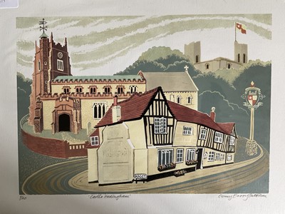 Lot 237 - Penny Berry Paterson (1941-2021) group of four unframed colour linocut prints, including 'Castle Hedingham, signed and numbered 9/20, Gable Ends (unsigned) The Green Dragon and Lock Picker