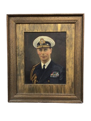 Lot 60 - H.M.King George VI, oil on board overpainted photograph portrait of the King in Naval uniform on gilt frame with J.Russell & Sons, Southsea signature to mount 63 x 54cm overall Provenance: the Russ...