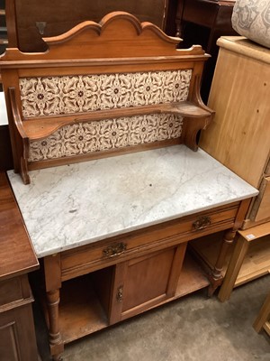 Lot 1311 - Edwardian satin walnut washstand with raised tiled back, marble top, single drawer and central cupboard below, 91cm wide, 48cm deep, 132cm high