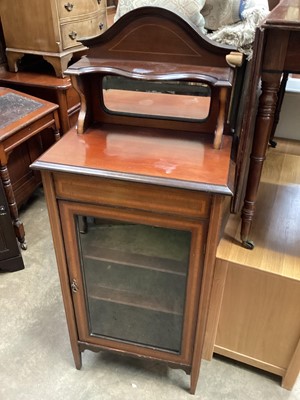 Lot 1313 - Edwardian inlaid mahogany music cabinet with raised ledge and bevelled mirror back, shelves below eclosed by glazed door, 56cm wide, 34cm deep, 137cm high