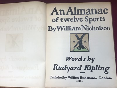 Lot 425 - An Almanac of Twelve Sports by William Nicholson with words by Rudyard Kipling, published by William Heinemann, London 1898, comprising of twelve lithograph prints with verse