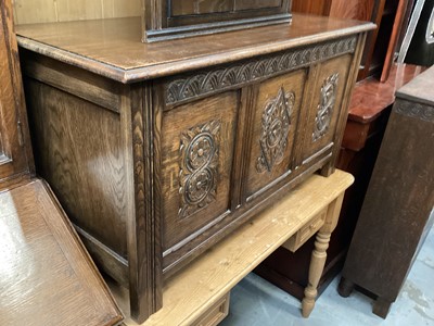 Lot 1320 - Oak blanket box with carved panelled front, 106cm wide, 45.5cm deep, 56.5cm high