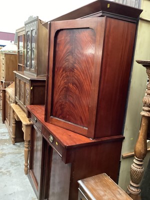 Lot 1322 - 19th century flame mahogany two height cabinet with shelves above enclosed by two panelled doors, two drawers and two further panelled doors below, 119cm wide, 54cm deep, 196cm high