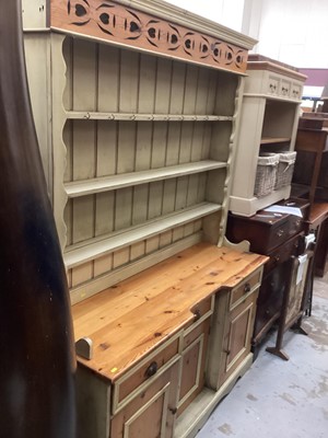 Lot 1325 - Victorian style painted pine two height dresser with open shelves above, three drawers and three panelled doors below, 154cm wide, 50.5cm deep, 211cm high